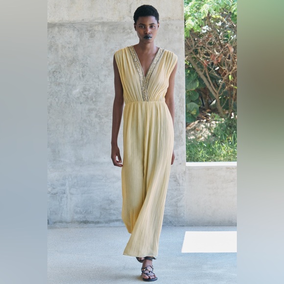 Zara dress maxi flowy butter yellow beaded embroidered boho summer vacation - Picture 9 of 16
